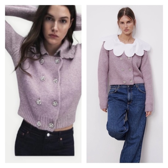 ZARA Lilac Lavender Rhinestone Button Front Sweater, Size Medium - Picture 1 of 10